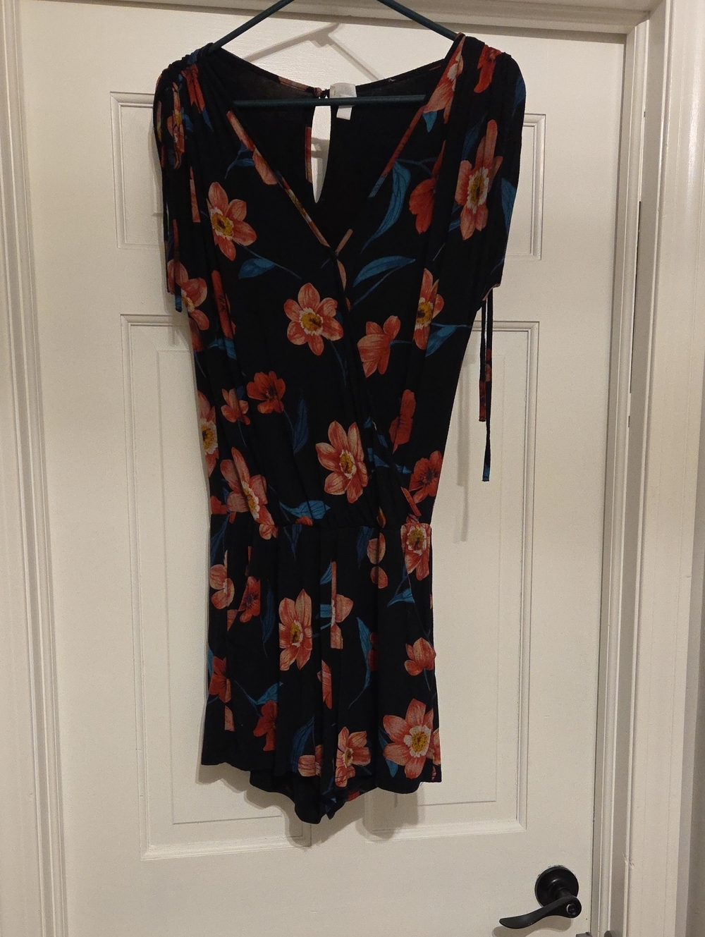 Market & Spruce Black Bodysuit Romper with Coral Floral Print